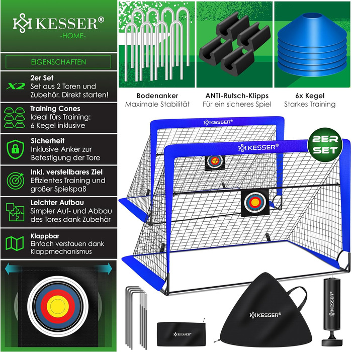 Футбольні ворота Дитячий поп-ап набір з 2 шт. Футбольні ворота складні зі скловолокнистими стовпами та високоякісними сітками для воріт у приміщенні, на вулиці та в саду З сумкою для перенесення 6 шт. Cap Ball Pump Target (синій)