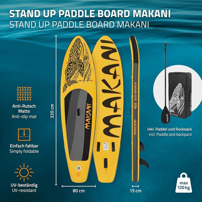 Надувна SUP-дошка ECD Germany Makani 320 см, до 150 кг, алюмінієве весло, комплект аксесуарів, різні кольори