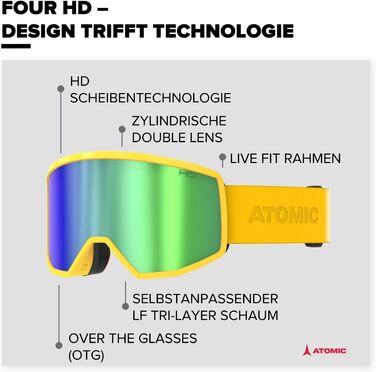 Гірськолижні окуляри Atomic FOUR HD - Гірськолижні окуляри з висококонтрастними кольорами - Високоякісні дзеркальні окуляри для сноуборду - Окуляри з каркасом Live Fit - Гірськолижні окуляри з великим полем зору (Saffron)
