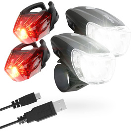 Набір велосипедних LED ліхтарів ABSINA, USB зарядка, 100 м, 180 люмен, 50 люкс, передній і задній, StVZO, велосипедне світло