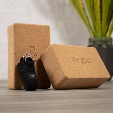 Стартовий набір Myga Cork Yoga корковий килимок для йоги, 2 коркові блоки для йоги та ремінь для йоги стартовий набір з килимком, 2 каменями та металевим ременем D-подібного кільця для гарячої йоги, пілатесу та фітнесу (чорний)