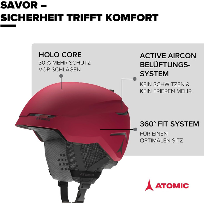 Гірськолижний шолом ATOMIC SAVOR темно-бордового кольору - унісекс для дорослих - Система 360 Fit - Покращений захист від ударів - Система вентиляції Aircon - Окружність голови (темно-червоний, 55-59 см)