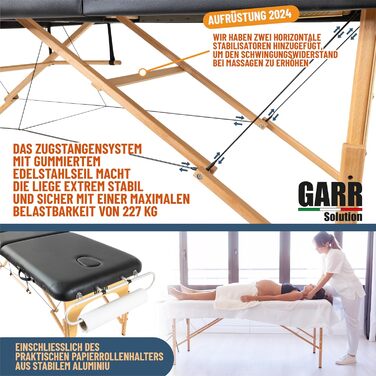 Розкладний дерев'яний масажний стіл GARR Solution портативний і легкий - 185x70 H62/87 см (3 зони, чорний)