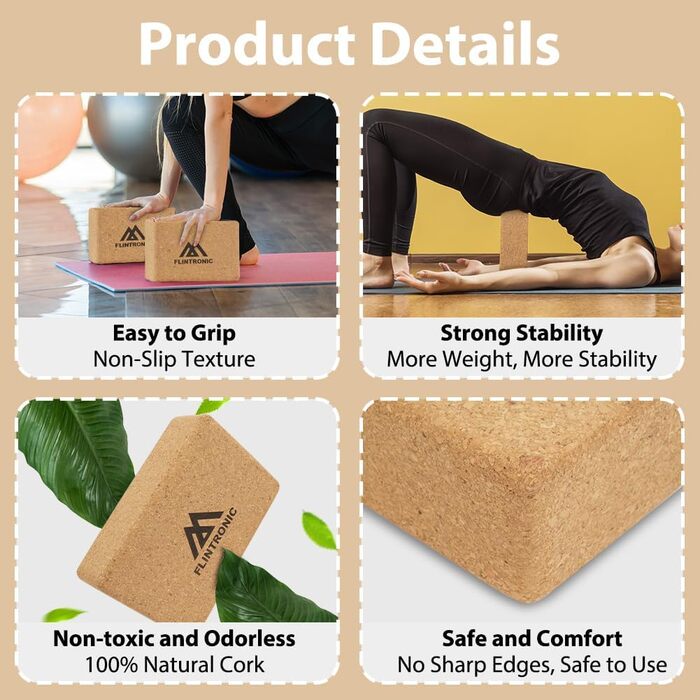 Набір блоків для йоги з Flintronic Cork з 2, 100 натуральний блок для йоги, Cork Block Yoga Blocks Екологічно чистий стійкий натуральний корок, блок для йоги Пілатес Фітнес - з 1 стрічкою опору