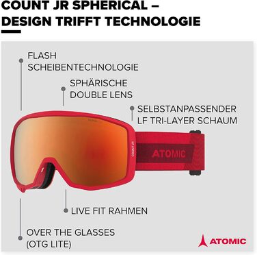 Сферичні гірськолижні окуляри ATOMIC COUNT JR для дітей - Зручна оправа Live Fit - Чіткий зір і кращий захист від відблисків - Поверх окулярів, сумісні для тих, хто носить окуляри (червоний)