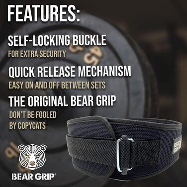 Пояс для важкої атлетики BEAR GRIP, неопрен, вигнутий, підтримка спини, поперекова підтримка, фітнес, бодібілдинг, чорний (M)