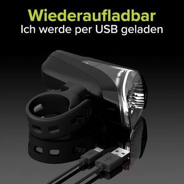 Велосипедна LED фара VELMIA передня, StVZO, USB акумулятор, 8,5 годин роботи, водостійка, чорна