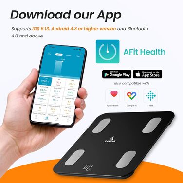 Розумна вага ZAKTAB Bluetooth з аналізом складу тіла, BMI, жиру, м'язів, LED-дисплеєм, авто-вимкненням, до 180 кг, загартоване скло