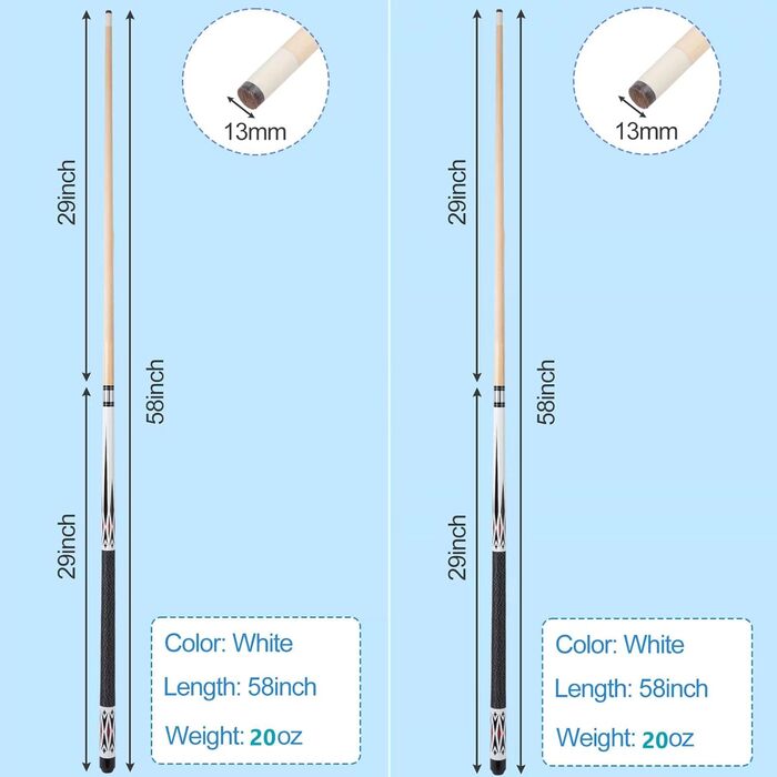 Унцій Більярдний кий з наконечником 13 мм, набір з 2 шт. , чорний або білий, 1/2 кленових київ Більярдний кий для басейну, більярдний кий для чоловіків і жінок. (2 * білий 20 унцій), 58 19 20