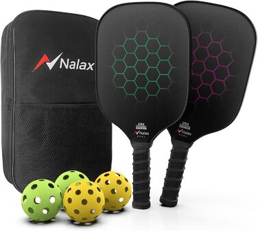 Піклбол ракетки Nalax з фібергласу та графіту, USAPA сертифікат, полімерний сердечник, комплект з 2 ракеток, 4 м'ячів і сумки для чоловіків і жінок