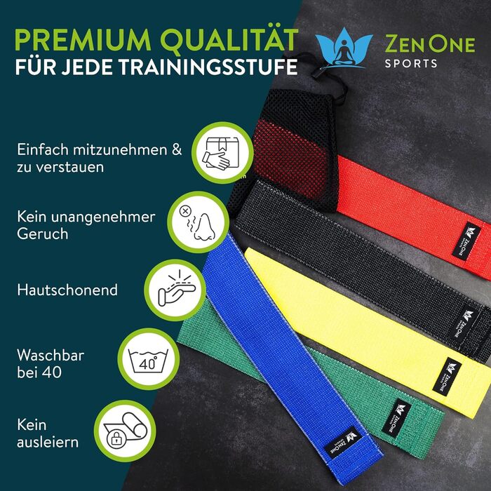 Спортивні фітнес-стрічки ZenOne з тканини, набір Resistance Bands з 5 шт. , стрічки опору для ніг і сідниць, гімнастичний браслет для силових тренувань, нарощування м'язів і тренувань з йоги, в т.ч. електронна книга та посібник з тренувань і відео. Барвис