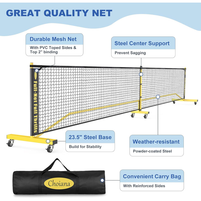 Набір Choiana Pickleball портативна сітка 6,7 м з колесами, 4 весла