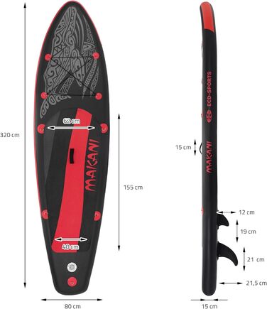 Надувна SUP-дошка ECD Germany Makani 320 см до 150 кг, комплект з алюмінієвим веслом, насосом, аксесуарами, різні кольори