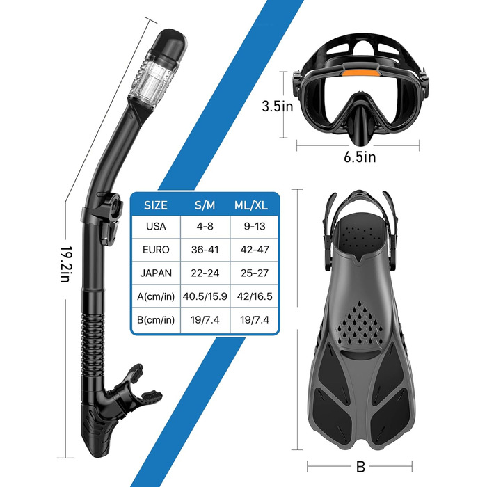 Спорядження для підводного плавання Ubekezele для дорослих, чоловіків і жінок, набір трубок 4-в-1 з панорамним видом, антизапотівання, антипротікання, трубка з сухим верхом, ласти та дорожня сумка для плавання, чорна ML/XL