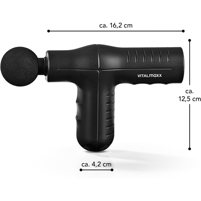 Електричний міні-масажний пістолет для масажу м'язів VITALmaxx З чотирма різними насадками Інтенсивне нанесення в 5 етапів Вбудований акумулятор ємністю 1800 мАгод забезпечує до 50 хвилин роботи Чорний Чорний з 5 рівнями