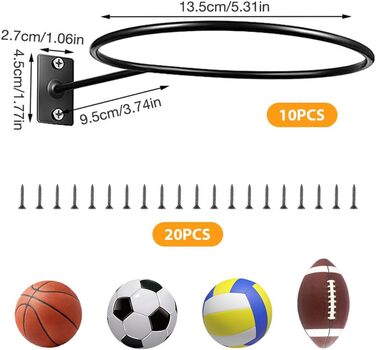 Настінна стійка для м'ячів mizikuu, 10 шт. настінний тримач м'яча з 20 гвинтами Настінний металевий тримач м'яча чорний для футболу, баскетболу, волейболу, регбі