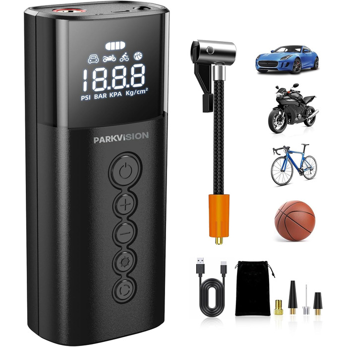 Електричний портативний компресор PARKVISION 8000mAh, 150 PSI з LED, для авто, велосипедів, мотоциклів та м'ячів