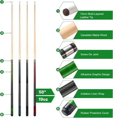 Дюймовий більярдний кий Канадський кий для басейну з кленового дерева 13 мм наконечники для професійних гравців у більярд, 1/2 кленових київ для більярдного столу Sport Green, 58-
