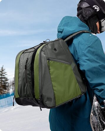 Сумка для лижних черевиків OutdoorMaster 38 л, рюкзак для сноуборду для повітряних подорожей з водонепроникним дном для лижного шолома, лижних окулярів і рукавичок (оливково-зелений)