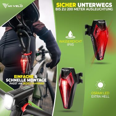Комплект велосипедних фар MIVELO SMART 100LUX, LED, 2000mAh акумулятор, авто-сенсор, USB зарядка, водонепроникна, StVZO, передня і задня лампа, енергоефективність A+++