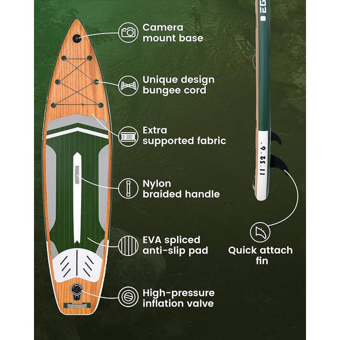 Надувна дошка для веслування EGGOEY , дуже широка дошка для веслування стоячи, дошка для сап зі знімним плавником, плаваюче весло, ручний насос, водонепроникна сумка, дошка для подорожей (темно-зелена текстура дерева-2)
