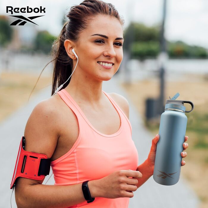Пляшка для води Reebok з нержавіючої сталі, ізольована, з трубочкою, спортивний дизайн, 900 мл, подвійні стінки, вакуумна ізоляція, BPA-free, синя