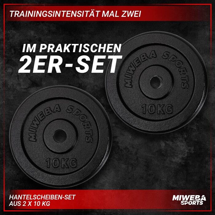 Набір спортивних вагових пластин Miweba HSG Професійні гантелі - 1,25-10,0 кг Вагова пластина - Пластини для гантелей - Чавунні ваги - Ø 30/31 мм - Набір гантелей - Вагові пластини - Вага гантелей - Пластини (2 шт. 10,0 кг)