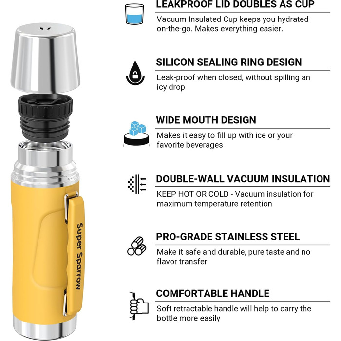 Термос Super Sparrow Нержавіюча сталь 750 мл - без бісфенолу А, герметичний, манго