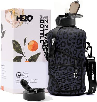Пляшка для води H2O Capsule 2.2 л з чохлом і трубочкою, BPA-free, багаторазова, з ручкою, чорний леопард
