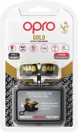 Капа OPRO Gold Level, спортивна капа для дорослих і дітей, з підвищеним комфортом для боксу, лакросу, ММА, бойових мистецтв, хокею та всіх контактних видів спорту (грильц - чорний/золотий, дорослі (10))