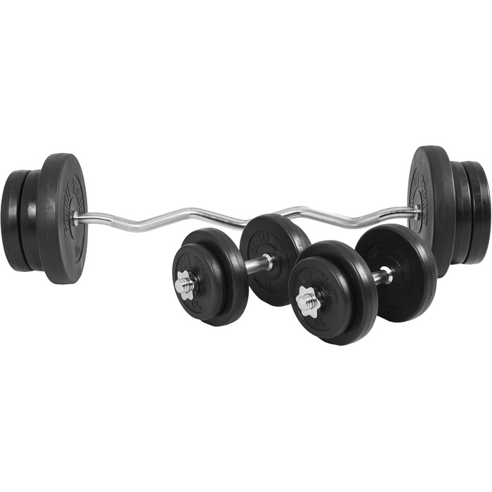 Набір гантелей GORILLA SPORTS - 70 кг, SZ Curl Bar 120 см, ваги 4x1,25 кг / 4x2,5 кг / 4x5 кг / 2x10 кг, 2 гантелі 30 мм, із застібками 6 зірок/пружинними застібками, пластиковий набір гантелей, гантелі