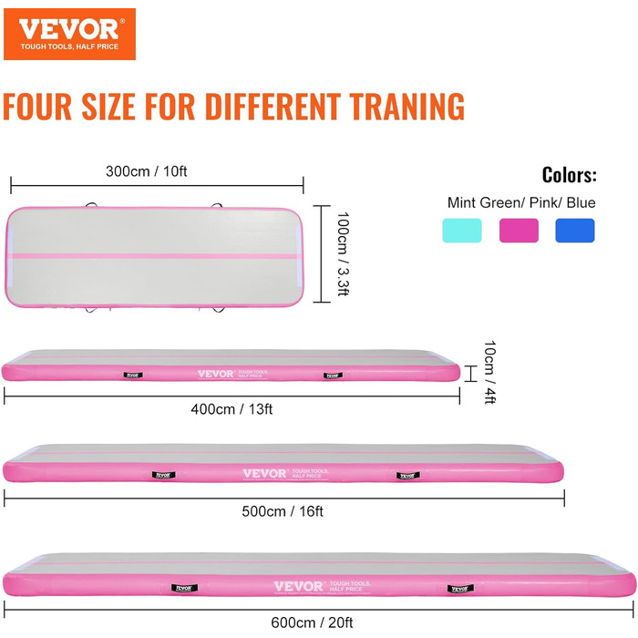 Надувний гімнастичний килимок VEVOR Гімнастичний килимок 3/4/5/6 М, Надувний килимок з електронасосом, Килимки для домашнього використання/Тренажерний зал/Йога/Черлідинг рожевий 300 х 101 х 10 см