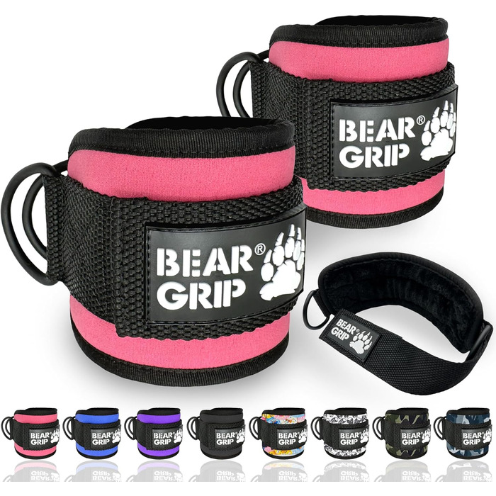 Ремені для щиколотки BEAR GRIP (пара) - міцна застібка, подвійне D-кільце з нержавіючої сталі, регульований неопрен - манжети на щиколотці преміум-класу для покращення тренувань живота, сідниць і ніг - для жінок і чоловіків (Baby Pink, 1 пара)