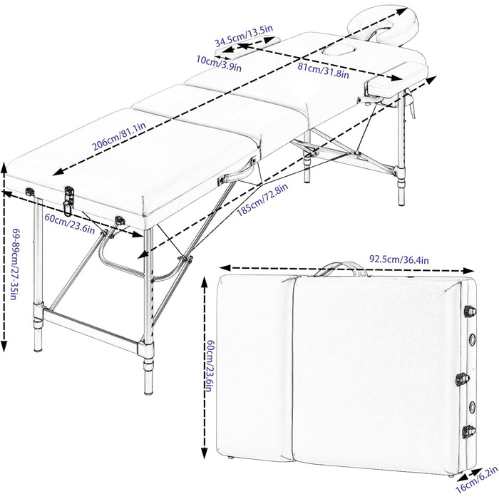 Мобільний масажний стіл VORSCH 3 зони, масажний стіл складний регульований по висоті, портативна масажна лава, косметичний столик, виготовлений з алюмінію, з підлокітниками підголівником, сумка для перенесення підставки для рук, (біла)