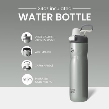 Термос-пляшка BOTTLE BOTTLE 680 мл з ручкою, нержавіюча сталь, сірий, ізоляційна, кнопковий клапан, не протікає, для спорту, подорожей, велосипеда, бігу, туризму