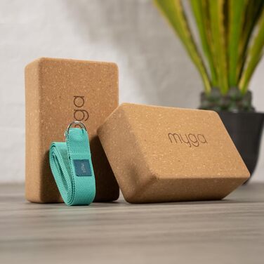 Стартовий набір Myga Cork Yoga корковий килимок для йоги, 2 коркові блоки для йоги та ремінь для йоги стартовий набір з килимком, 2 каменями та металевим ременем D-подібного кільця для гарячої йоги, пілатесу та фітнесу (бірюзовий)