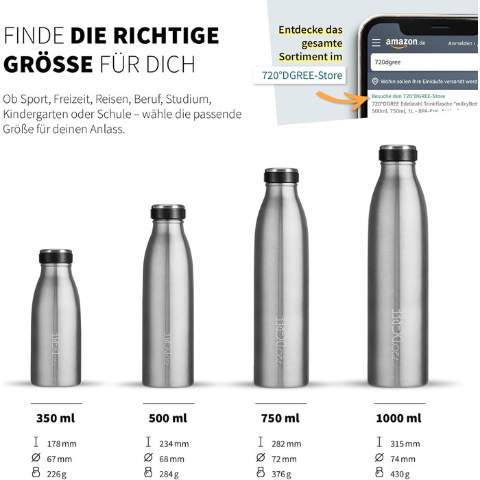 Термобутилка 720°DGREE milkyBottle 1 л, нержавіюча сталь, BPA-free, герметична, для газованої води, спорту, фітнесу, школи, кемпінгу