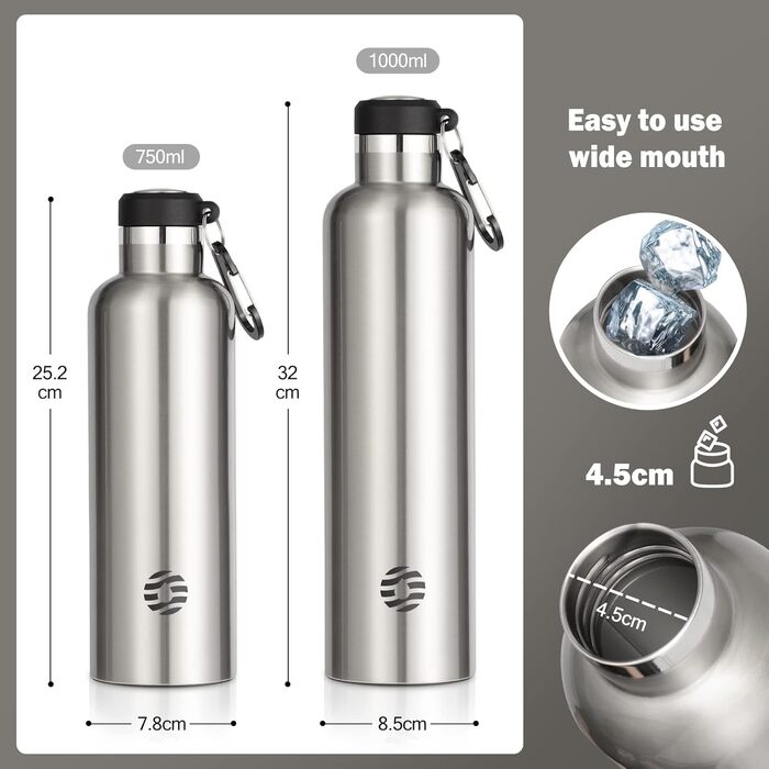 Термос-бутилка FEIJIAN FJbottle 316 нерж. сталь 1000 мл, срібляста, вакуумна, для спорту, роботи та подорожей, з карабіном, BPA-free, герметична