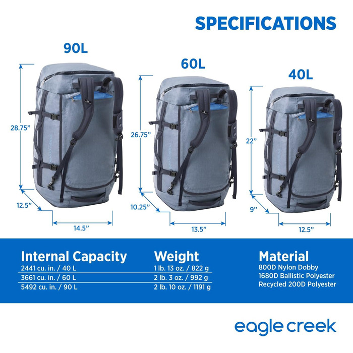 Тягач Eagle Creek Duffel 90 л, стійкий до стирання, Glacier Blue