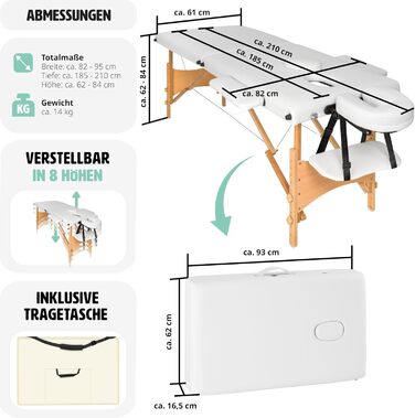 Масажний стіл TECTAKE 2 зони, масажний стіл складний, масажний стіл портативний з підкладкою 5 см, регульований по висоті, мобільний масажний стіл, масажна лава з дерев'яними ніжками та аксесуарами Сумка для перенесення - бежева (біла No 401464)