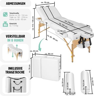 Мобільний масажний стіл tectake з 3 зонами, складний, з оббивкою 7,5 см, з навантаженням до 250 кг, масажна лавка з сумкою для аксесуарів, повний і половинний рулон, мобільні меблі для масажу - білі