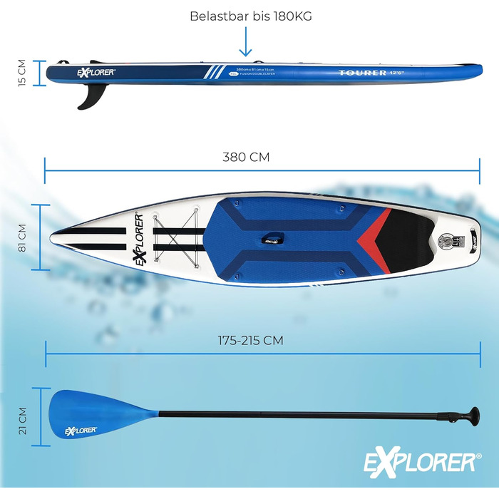 Дошка для веслування EXPLORER SUP Fusion Stand Up до 180 кг Повний комплект з алюмінієвим веслом, рюкзаком, насосом, плавником і набором патчів. (TOURER 12.6)