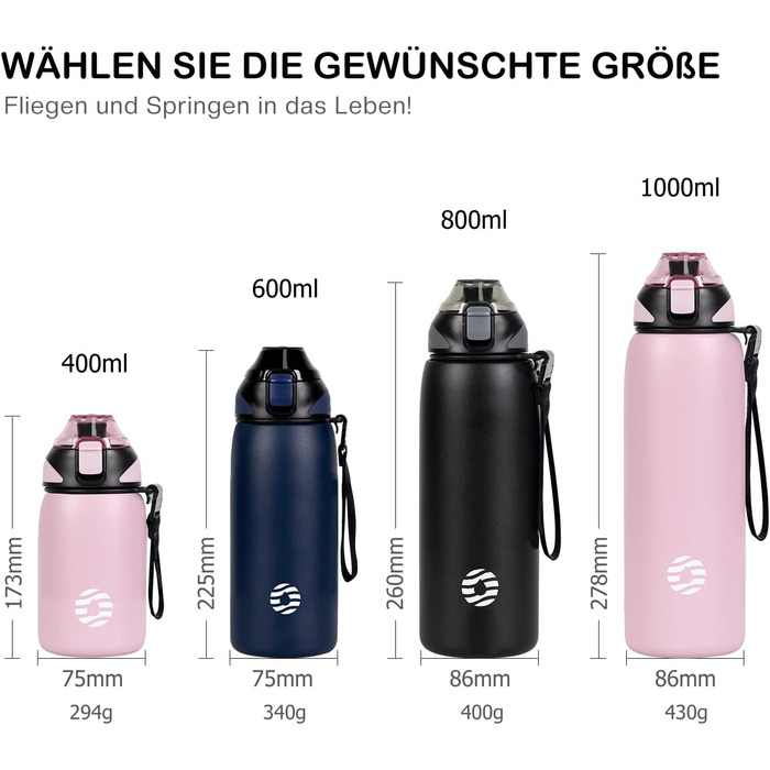 Пляшка для води FJbottle з нержавіючої сталі 1 л, 800 мл, 600 мл, 400 мл Дитяча герметична пляшка для води без бісфенолу А Пляшка-термос спортивна, газована Відповідний термос для універі, школи, фітнесу, на вулиці, велосипед чорний 1000 мл