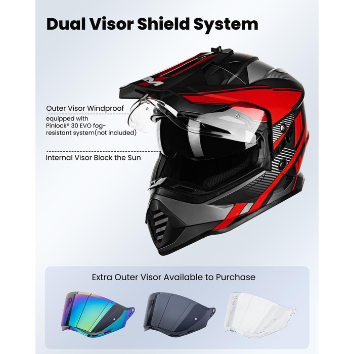 Мотошолом IL Dual Sport Adventure WS902 з сонцезахисним візором, Pinlock, ECE, для кросу, ATV, червоно-чорний, розмір S
