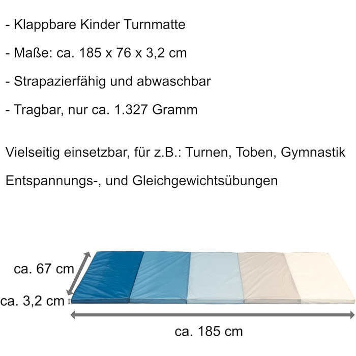 Складаний гімнастичний килимок приблизно 185 x 76 x 3,2 см Портативний і складний дитячий м'який килимок для підлоги, також ідеально підходить як гімнастичний килимок - килимок для фітнесу - килимок для йоги - ігровий килимок синій