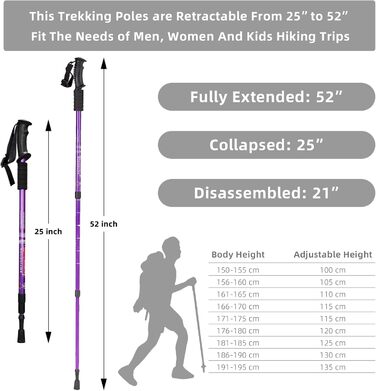 Туристичні палиці Aihoye, 2 шт. и, складні, легкі, ударостійкі, туристичні палиці або туристичні палиці, регульовані туристичні палиці для жінок і чоловіків фіолетовий