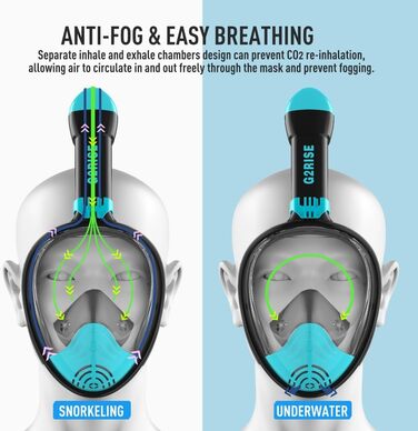 Маска для підводного плавання, маска для дайвінгу, складна маска для повного обличчя з CO2-безпечним підводним плаванням і положенням камери для дітей і дорослих (L-XL, чорно-зелений), 2RISE