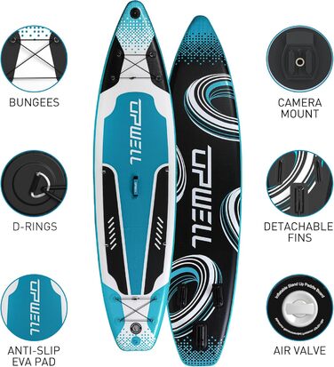 Надувна SUP-дошка UPWELL 11'/10'6'/10'2' з аксесуарами – рюкзак, ремкомплект, нековзке покриття, страхувальний лиш, 3 плавники, весло та ручний насос