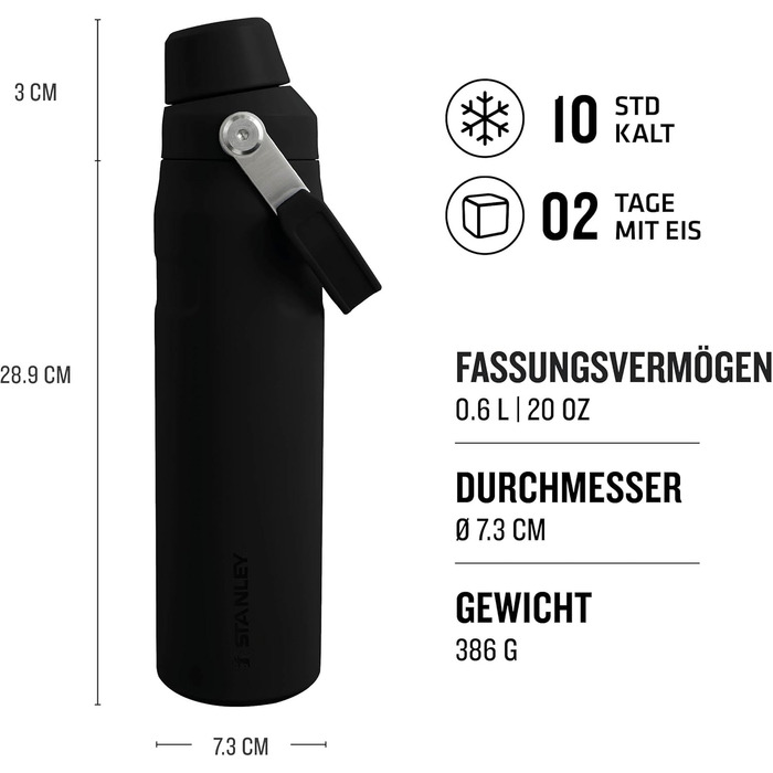 Термос-пляшка Stanley Iceflow Fast Flow 0.6 л, спортивна, зручна для пиття, тримає холод до 10 годин, герметична, без BPA, придатна для миття в посудомийній машині, чорна