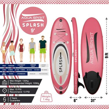 Надувна дошка для початківців Aqua Spirit Splash SUP 9 x 31 x 6 для початківців для дітей/дітей/юніорів/маленьких дорослих з аксесуарами, весло, насос, рюкзак, повідець, 2 роки гарантії Рожевий